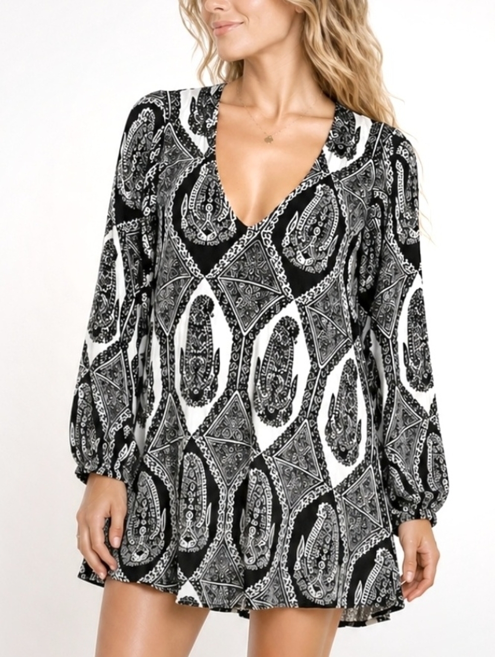 Show Me Your Mumu Paisley Boho Mini Dress Black White Swing A-Line S